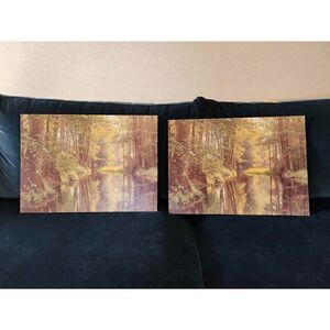 Vintage art prints on a heavy pressed wood man fishing in the wilderness nature